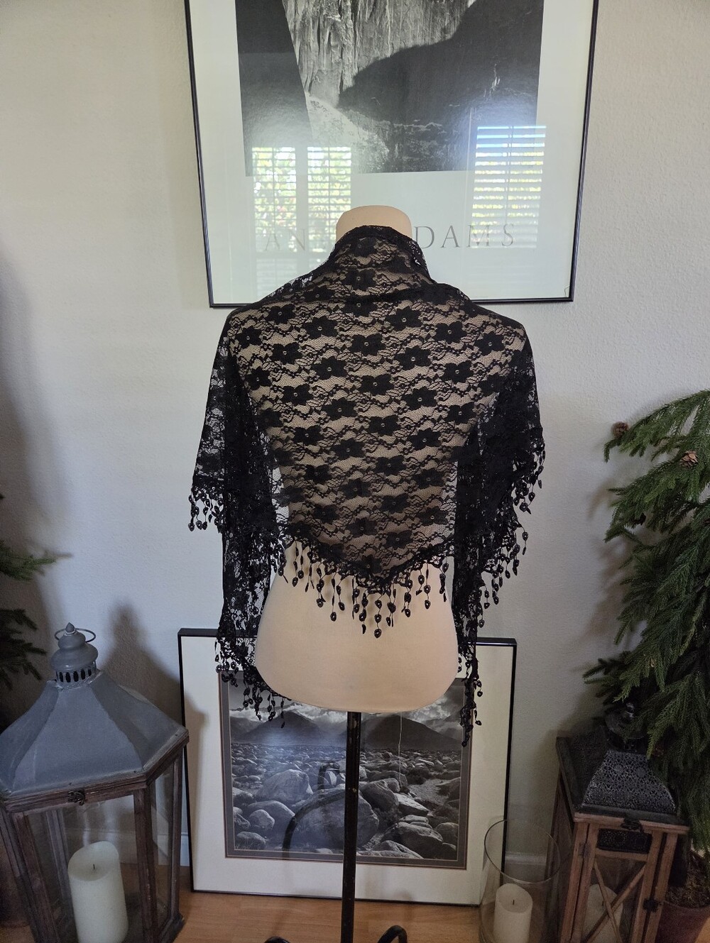 #45 Black Lace Shawl with Fringe - Women's Top